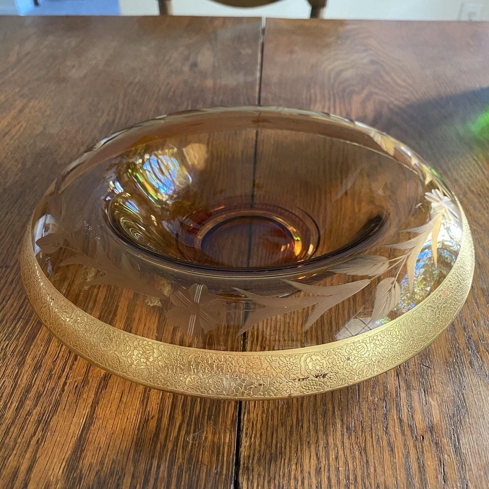 Vintage Depression Amber Glass Glass Bowl 11" Etched Floral Rolled Gold Edge